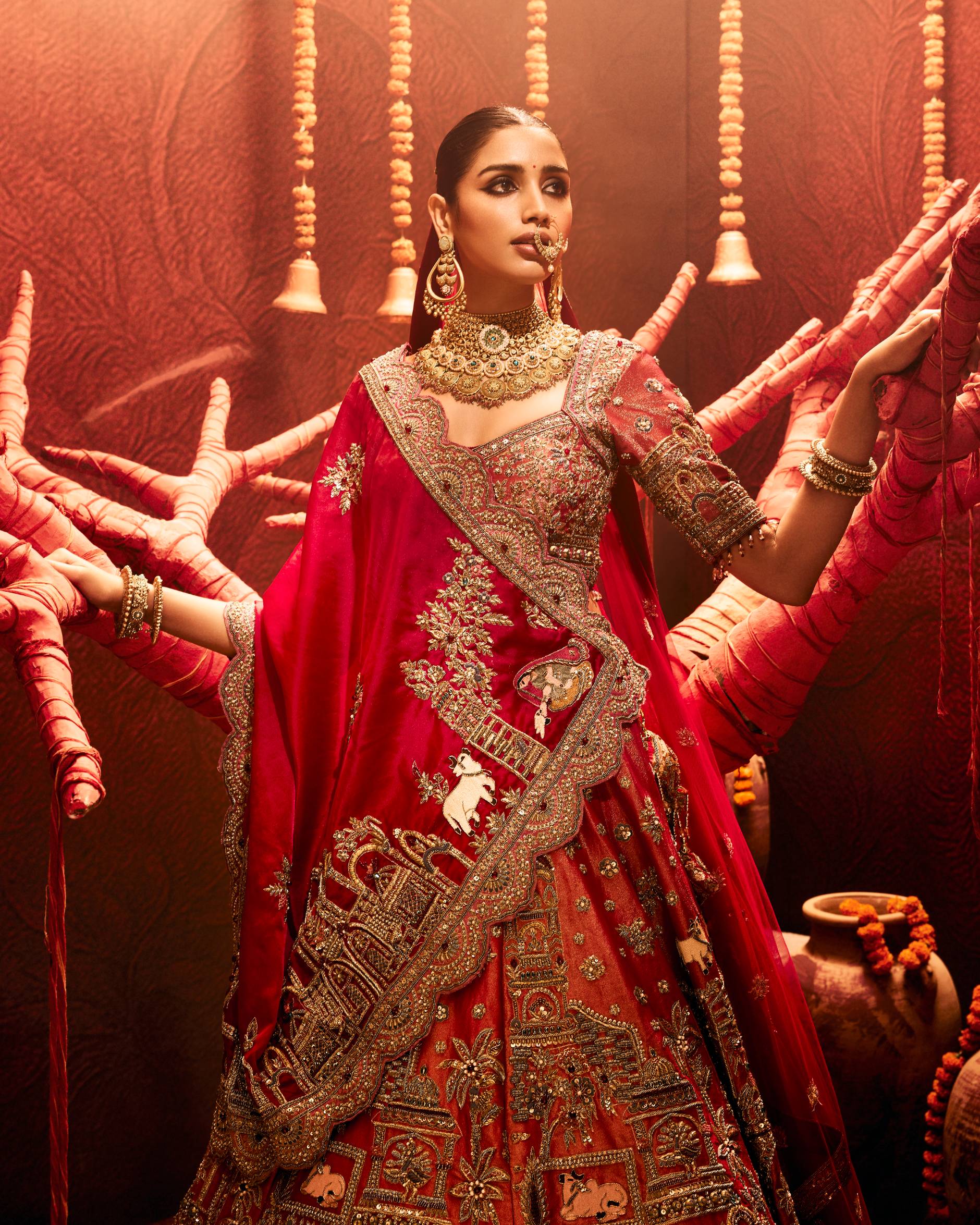 Red Raw Silk Zardozi Lehenga